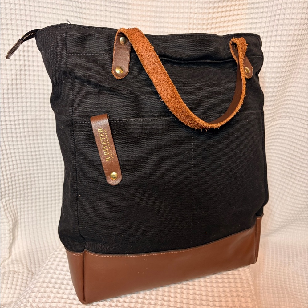 R. Riveter Baker Black Canvas & Brown Leather Tote Bag
